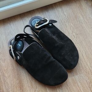 Black Suede Rag & Bone Clogs with Silver Buckle